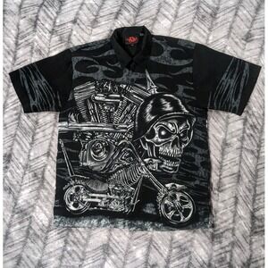 Vtg Y2K D Clothing Bike Skull Motorcycle Biker Button Loop Collar Camp Shirt XL